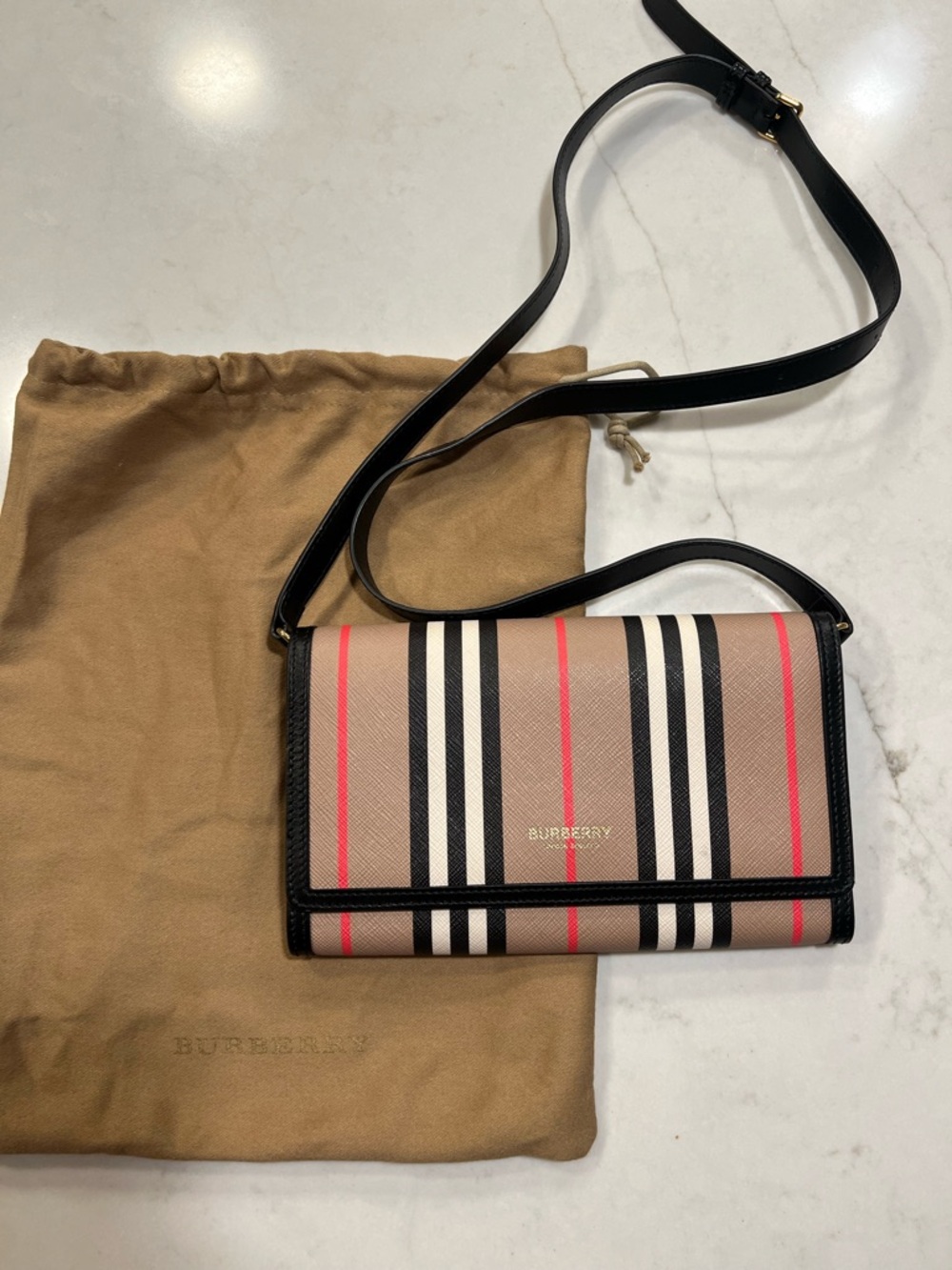 Burberry Hannah Wallet Beige Striped Crossbody Bag with Black Trim & Red Accents